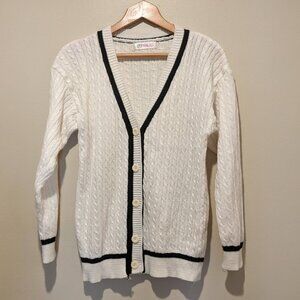 Cable-Knit Varsity Cardigan – V-Neck, Cream/White with Black Trim (Size M, S-L)